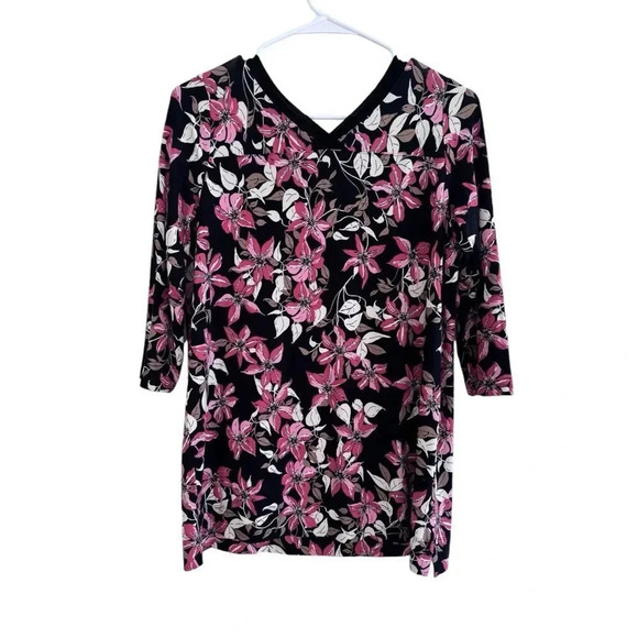 J Jill Wearever Collection Floral Tunic Top Black Red White 3/4 Sleeve XS Petite - Picture 4 of 10